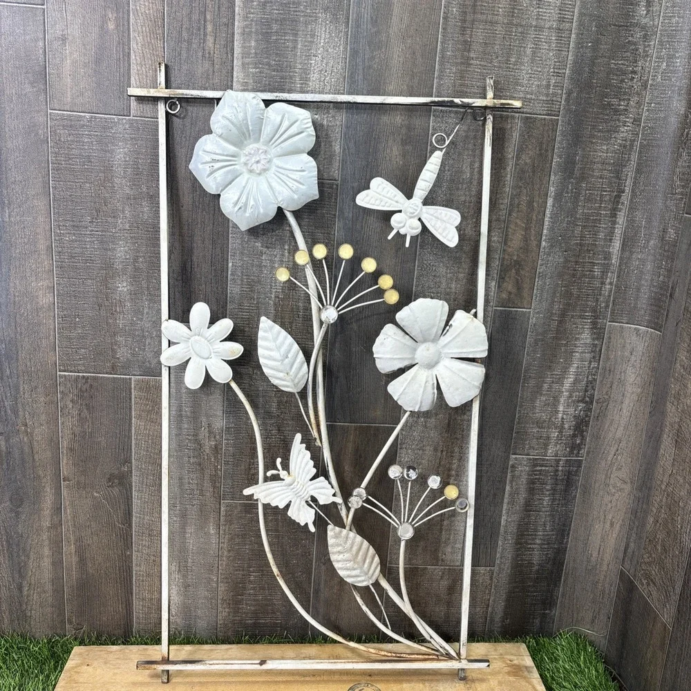 Rustic White Metal Floral Wall Art Butterfly Dragonfly Garden Farmhouse Decor